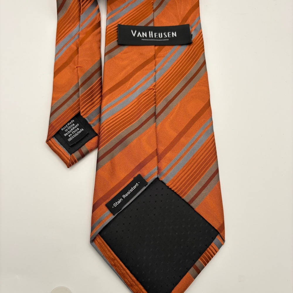 Van Heusen Mens Orange Striped Silk Necktie Stain Resistant 60 Inch Length - Picture 3 of 7